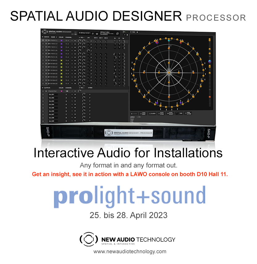 newaudiotech's tweet photo. New Audio Technology is proud to present its Spatial Audio Designer Processor together with its partner, Lawo, at the Lawo booth, D10 in Hall 11. The Spatial Audio Designer’s brand-new immersive Cue/Media Player will be controlled directly from a Lawo mc² console. https://t.co/qfDNc1zNTG