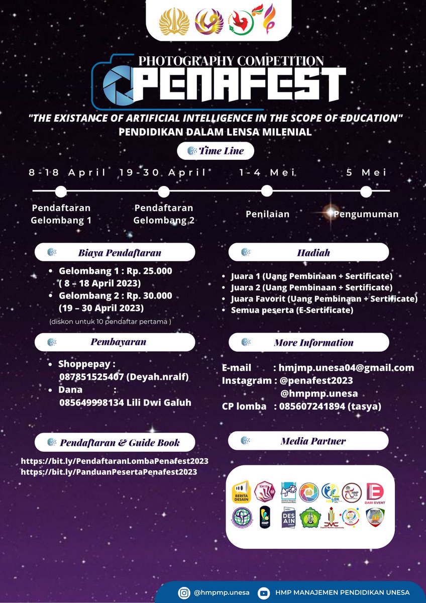 dari_event's tweet photo. [HIMPUNAN MAHASISWA PROGRAM STUDI MANAJEMEN PENDIDIKAN PROUDLY PRESENT]

🌟 PENAFEST 2023🌟
"The Existence Of Artificial Intelligence In The Scope Of Education" https://t.co/fdSV4D8WvH