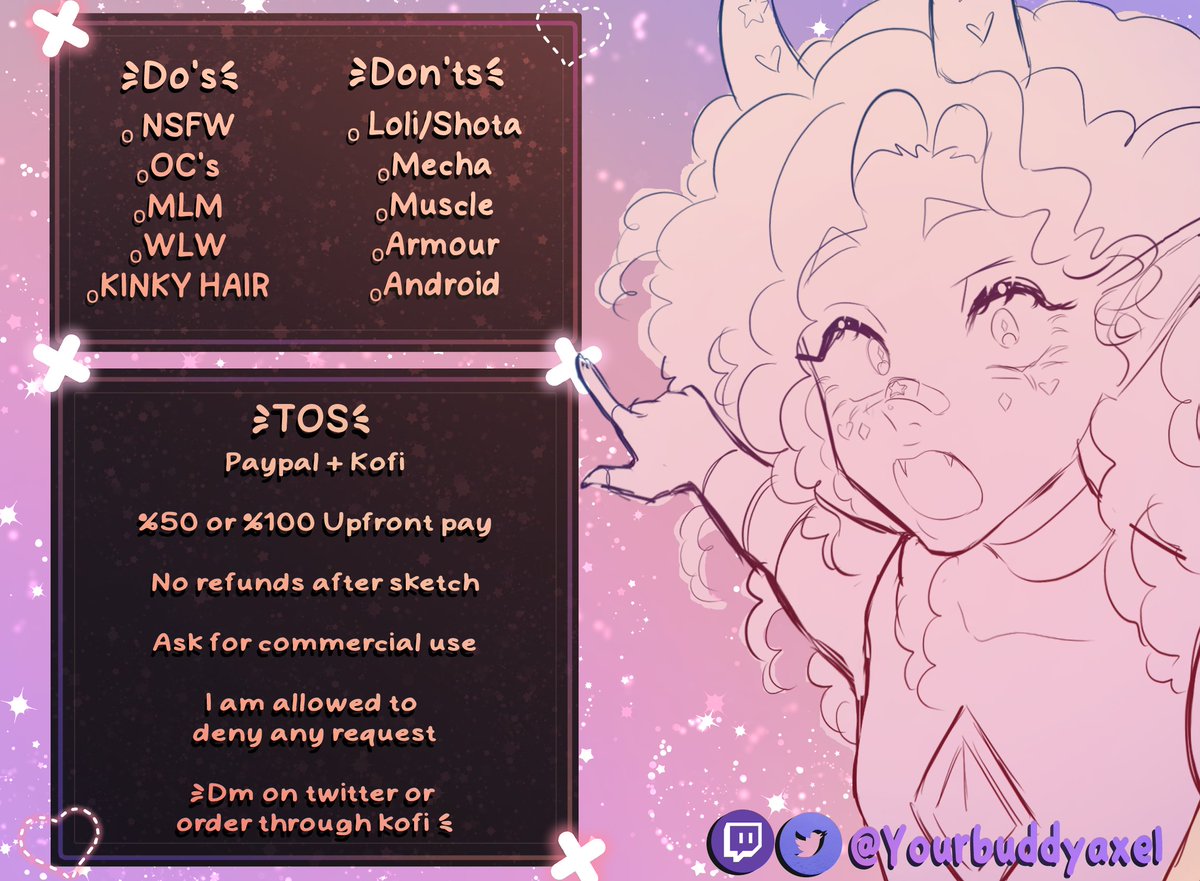 YourbuddyAxel's tweet photo. ★｡･:* Comm sheet *:･ﾟ★
(thank the mfkn lord i got one finally)

★ RT's Appreciated ★
#commissionopen #Commission #BlackArtist #vartist https://t.co/pt5npEqxx9