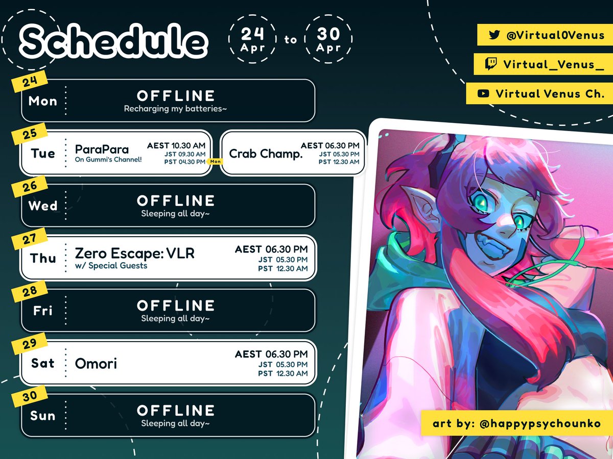 VulcanVirtua's tweet photo. STREAM SCHEDULE
24 APR - 30 APR
🢂General: #VirtualVenus
🢂Live: #ViVeLive
🢂Art: #VirtuARTVenus
Art: @/happypsychounko https://t.co/0s4WMNpHQI