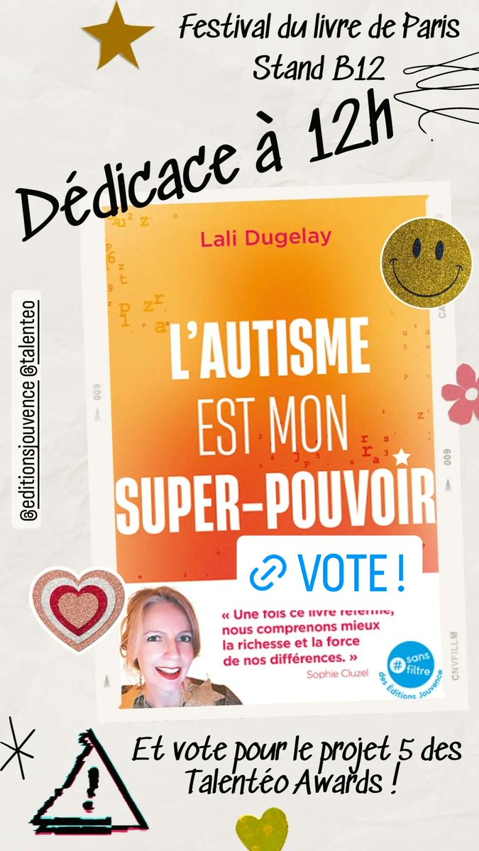 LaliDugelay's tweet photo. 🟢Tu es à Paris ? Viens à 12h au Festival du livre de Paris stand B 12 @JouvenceEdition pour qu'on papote 🤗 !
🟡Tu es sur la route des vacances ? Vote pour le projet 5 des @Talenteo Awards afin de m'aider à gagner le prix du public 🗳️! https://t.co/kNdDSuVpho
Merciiiii 💕 https://t.co/z0xiIhdNXc