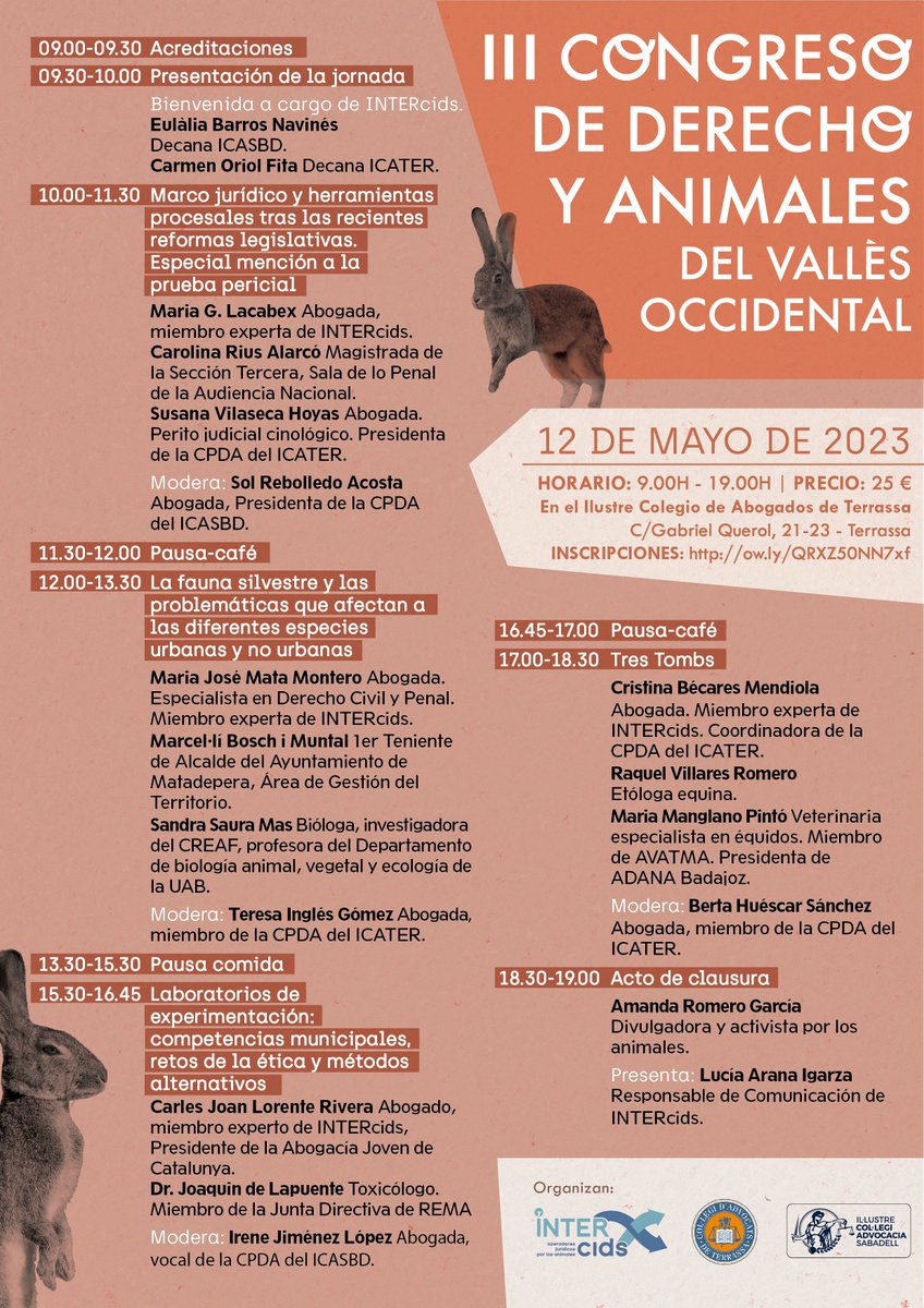INTERcids's tweet photo. Inscripciones abiertas 👉 https://t.co/ISiAIsTDq0  
III Congreso de Derecho y Animales del Vallès Occidental
⏰ 12 de Mayo, de 9.00h a 19.00h
🏠 En el Salón de Actos del @ICATERadvocats 
🎟️ Precio: 25€

Organizamos ICATER, @icasbd e #INTERcids https://t.co/4NWirg76YH