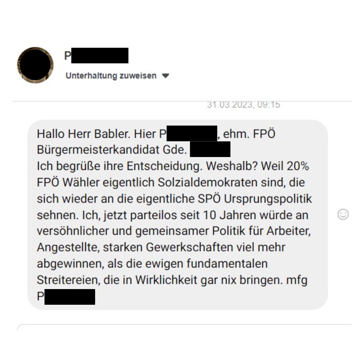 AndiBabler's tweet photo. Weil man mir gerne die Frage stellt, ob eine SPÖ mit mir als Vorsitz auch Wähler:innen rechts der sogenannten Mitte ansprechen kann, will ich euch als Beispiel diese Nachricht zeigen. Sie ist eine von vielen, die mich in den letzten Tagen erreicht hat. (1/9) https://t.co/zqqwSGsiDU