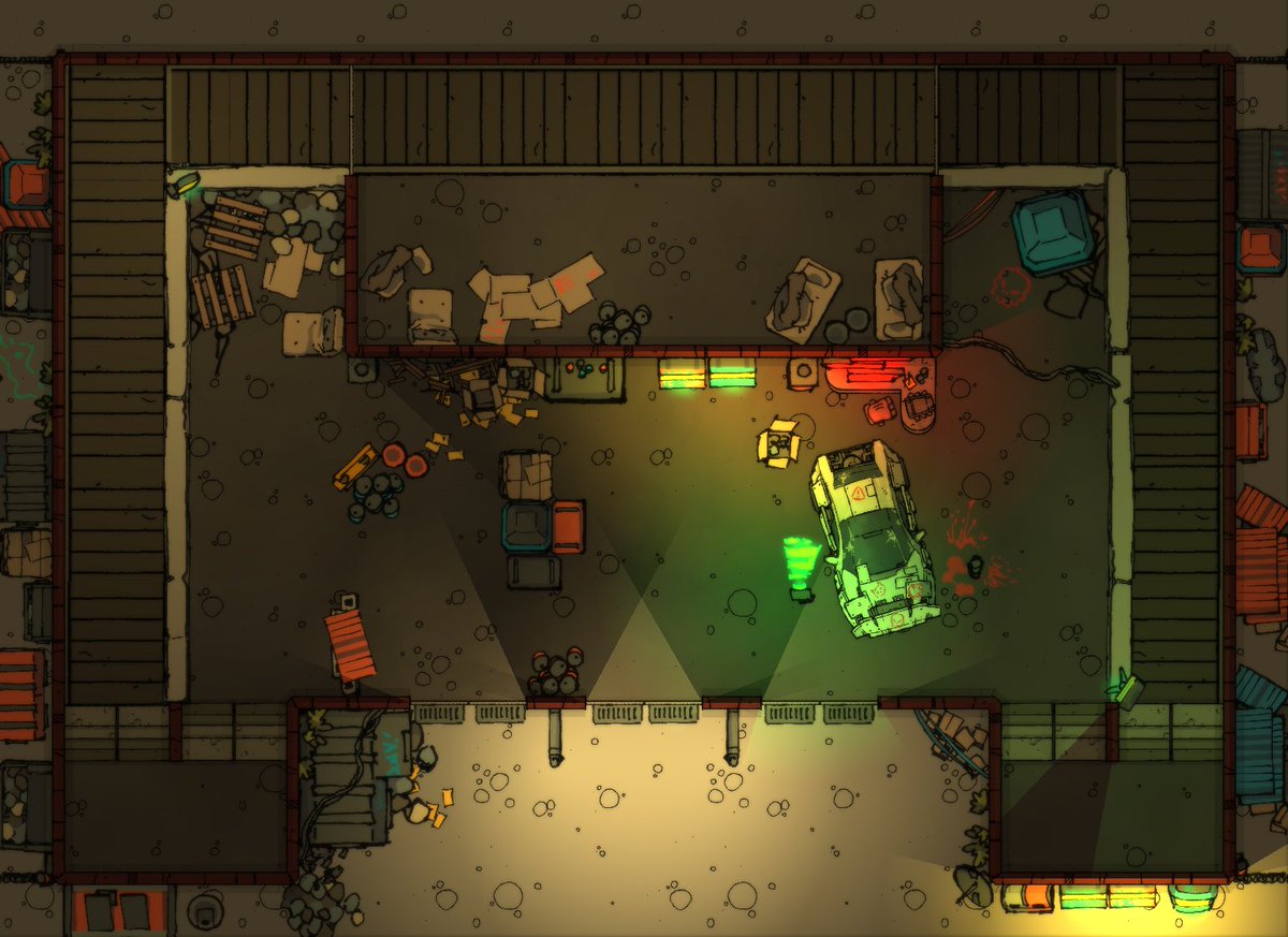 Imagine forgetting your twitter login... wouldn't be me! Here's a map after so long without one.

I made this map as a multi-purpose garage for any Cyberpunk setting. Perhaps it belongs to a nomad family, or gangers use it as their base between scores
