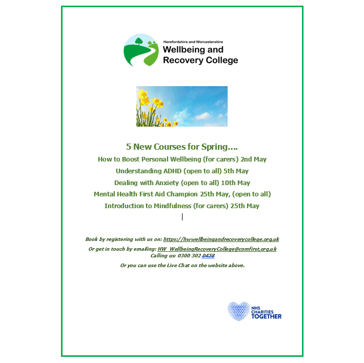 Have a look at our website to see what we have coming up.  If you can't see what you are looking for let us know as we have more exciting new courses coming soon! hwwellbeingandrecoverycollege.org.uk