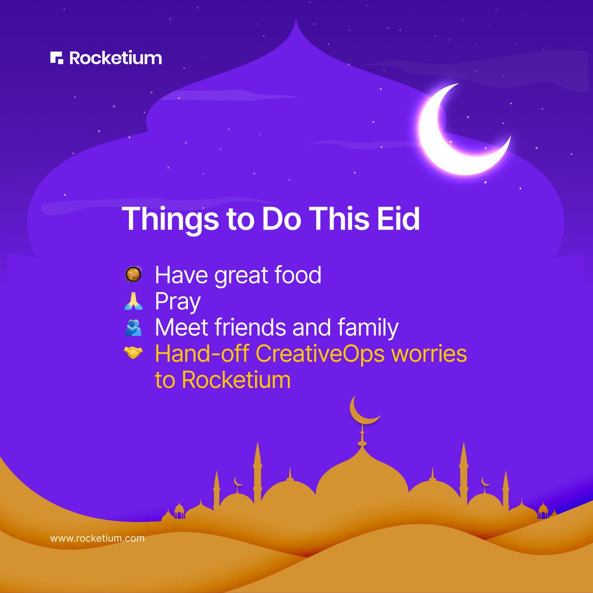This Eid 🌙 , indulge in your favorite food, celebrate with your friends and family, and leave your CreativeOps worries to us!

Team Rocketium wishes you a very Happy Eid 🌟

#EidMubarak #EidUlFitr #Eid2023