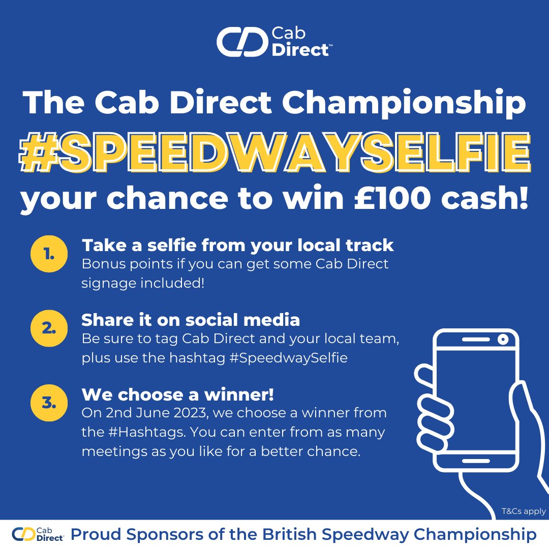 cabdirect's tweet image. 🚨 Calling all Speedway fans!

If you're at the Speedway between now and June 2nd 2023, you can win £100 cash with the Cab Direct #SpeedwaySelfie competition.

Share a selfie, tag Cab Direct, use the hashtag and you're in the draw - it's that simple!

@SpeedwayGB