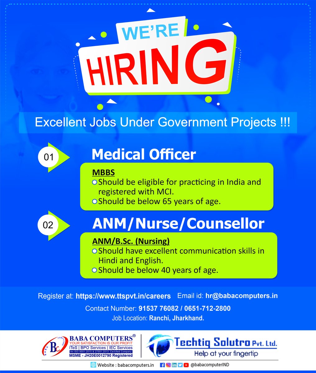 ElderLine_JH's tweet photo. We are #Hiring!
Excellent Job Opportunities Under Government projects.
1. Medical Officer.
2. ANM/Nurse/Counsellor.
Visit More Information :- https://t.co/WLUcrbPes3
#BPO #callcenter #BabaComputers #BPOhiring #BPOJobs #BPOCareers #bpoexpert https://t.co/LX5FgzQPYs