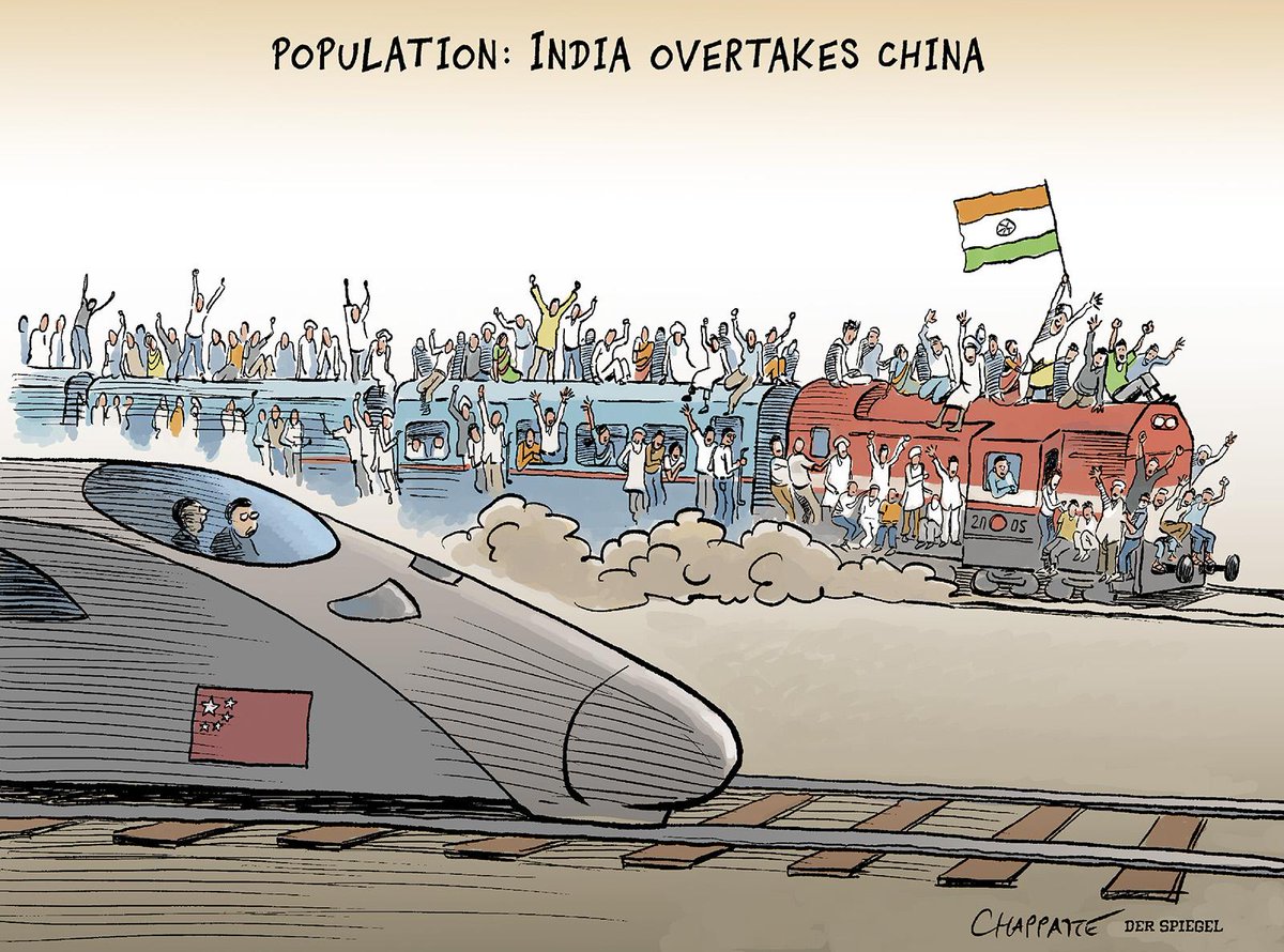 PatChappatte's tweet photo. Population: India overtakes China - © Chappatte in Der Spiegel, Germany > https://t.co/QlRffXMzSe https://t.co/bRbNlP4Dvc