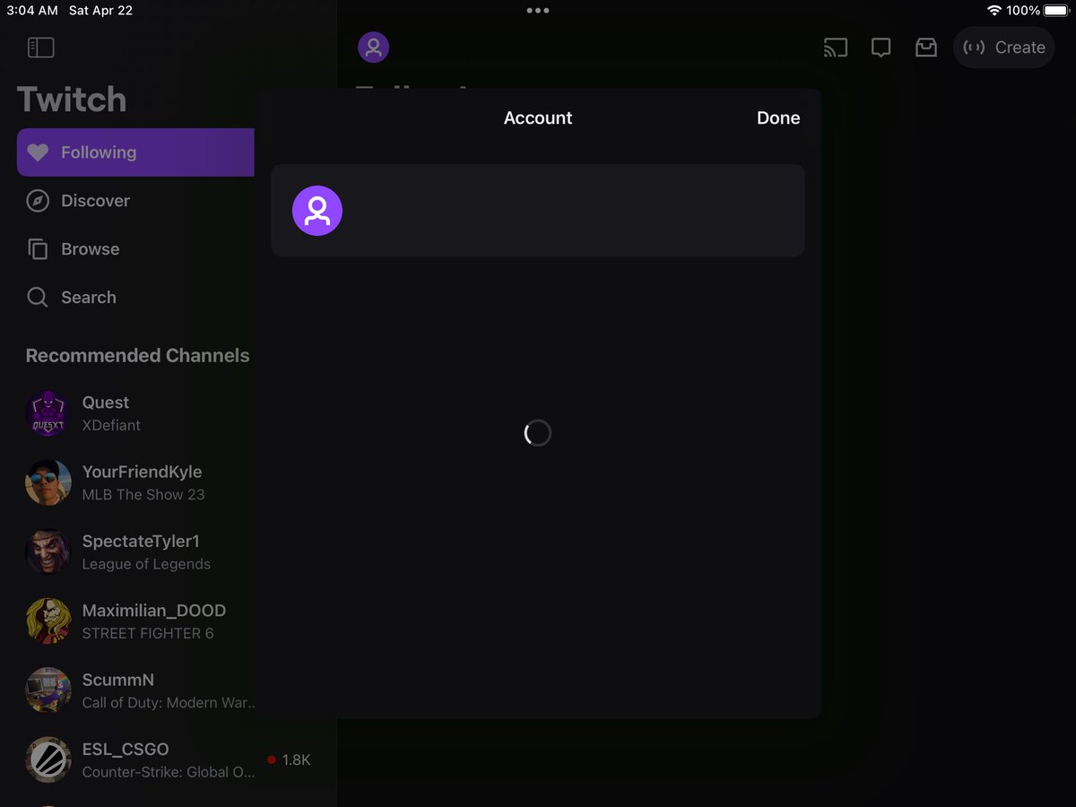 sonicspeedway's tweet photo. @TwitchSupport help, iPad twitch app, deleted twitch account from pc at some point and was still signed into iPad, now cannot sign out at all on iPad, just spins and no way to remove/sign out now deleted account. Delete and reinstall of app does nothing. This is all it does https://t.co/Aq8i6bgKKf