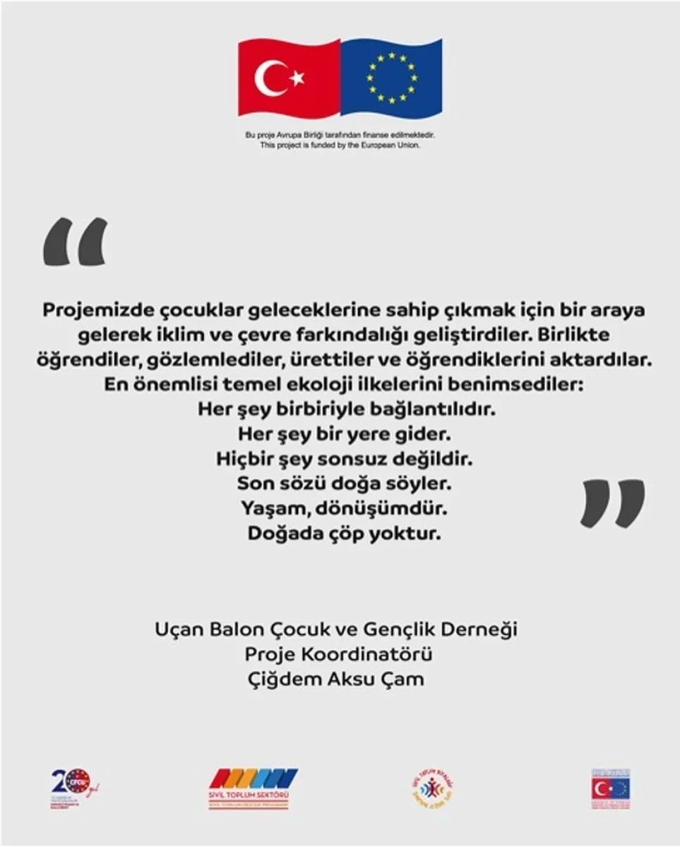 #Repost <a href="/sivilsektor/">Sivil Toplum Sektörü</a> “Projemizde çocuklar geleceklerine sahip çıkmak için bir araya gelerek iklim ve çevre farkındalığı geliştirdiler. Birlikte öğrendiler, gözlemlediler, ürettiler ve öğrendiklerini aktardılar. En önemlisi temel ekoloji ilkelerini benimsediler: