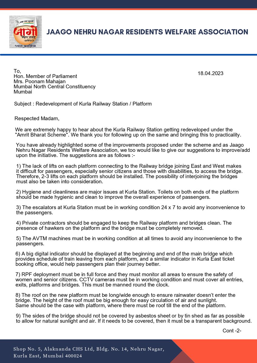 prasad1104's tweet photo. @poonam_mahajan @RailMinIndia As mentioned in our earlier tweet we are pleased to attach the #JNNRWA letter with inputs provided by the citizens towards Kurla Railway station redevelopment. @MNCDFbombay @RoadsOfMumbai @PotholeWarriors @TheVoiceOfKurla @KurlaCitizens @mumbaimatterz @save_our_mumbai https://t.co/xptiHX7kMd