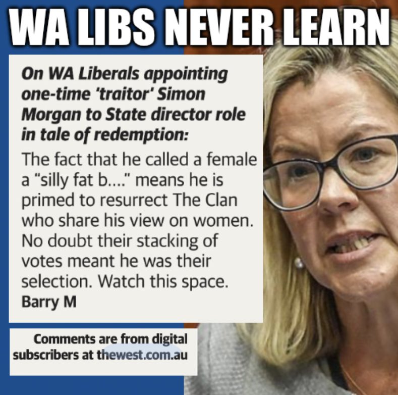 LyndaFrench19's tweet photo. #WALibs Never Learn. Still believe in Miracles. Libby said she would get rid of The Clan. She didn’t! #women should be disgusted #wapol #SimonMorgan #Perth https://t.co/Sb2yCUsExE