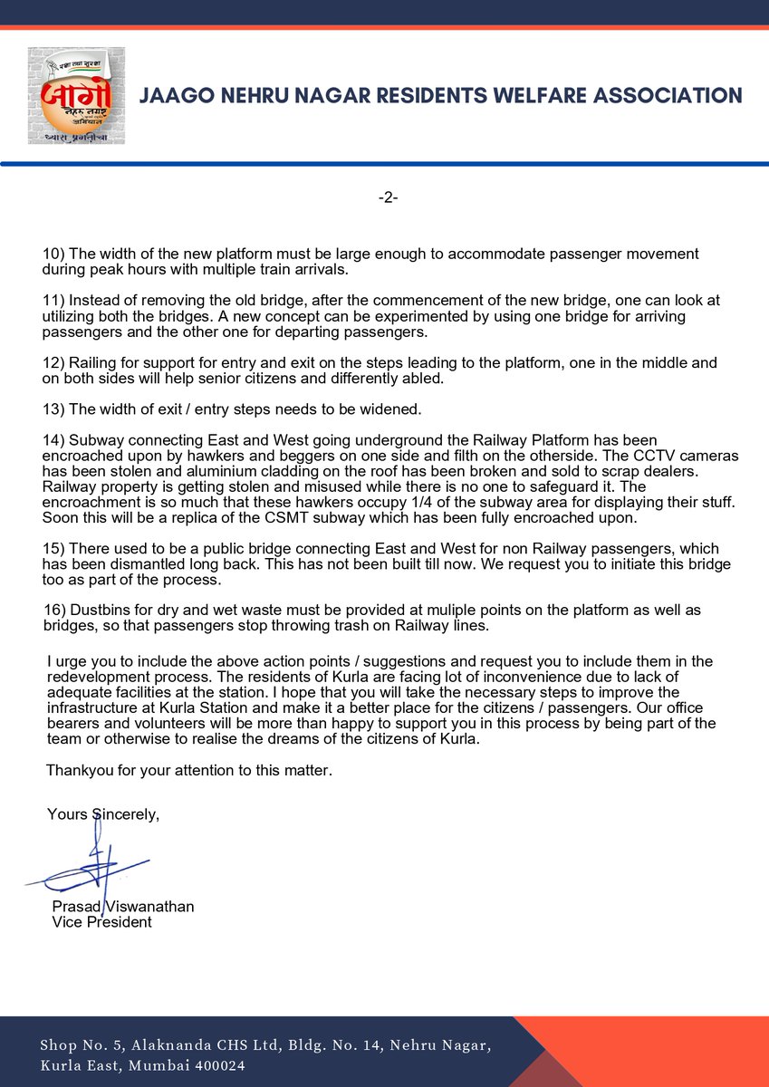 prasad1104's tweet photo. @poonam_mahajan @RailMinIndia As mentioned in our earlier tweet we are pleased to attach the #JNNRWA letter with inputs provided by the citizens towards Kurla Railway station redevelopment. @MNCDFbombay @RoadsOfMumbai @PotholeWarriors @TheVoiceOfKurla @KurlaCitizens @mumbaimatterz @save_our_mumbai https://t.co/xptiHX7kMd