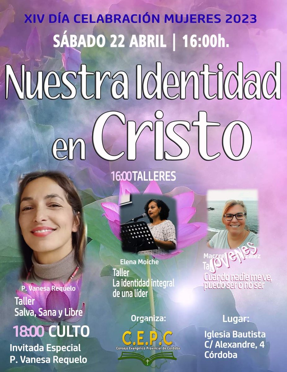 ESTA MISNA TARDE A LAS 16:00 !!!💥💥💥💖💝

Un año más la Fraternidad de Pastores de Córdoba organiza el XIV DÍA DE CELEBRACIÓN DE MUJERES 2023. Con el lema de "Nuestra Identidad en Cristo". 
💥💫💥💖💝💒💒💒
Este sábado a las 16:00h.
Lugar: Ig. Bautista, C/ Alexandre, 4, Córdoba