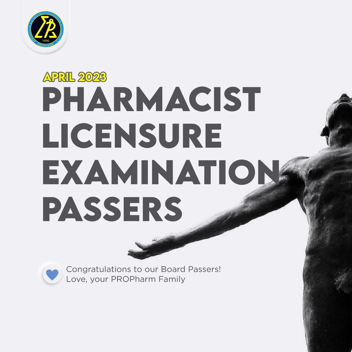 UP_PROPharm's tweet photo. We would like to congratulate all of our PROPharm alumni who passed the Pharmacy  Licensure Exam in April 2023.

Your accomplishments will always be celebrated by your PROPharm family. Continue your commitment to excellence in the pharmacy profession while serving the public. https://t.co/JLsG0mUsow