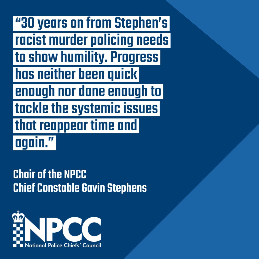 PoliceChiefs's tweet image. Today is #StephenLawrenceDay - a day for reflection and a desire to eradicate racism and discrimination.

At a special event this week held by the @NBPAUK in conjunction with the Stephen Lawrence Day Foundation, NPCC Chair Gavin Stephens spoke. Here are some of his key points: