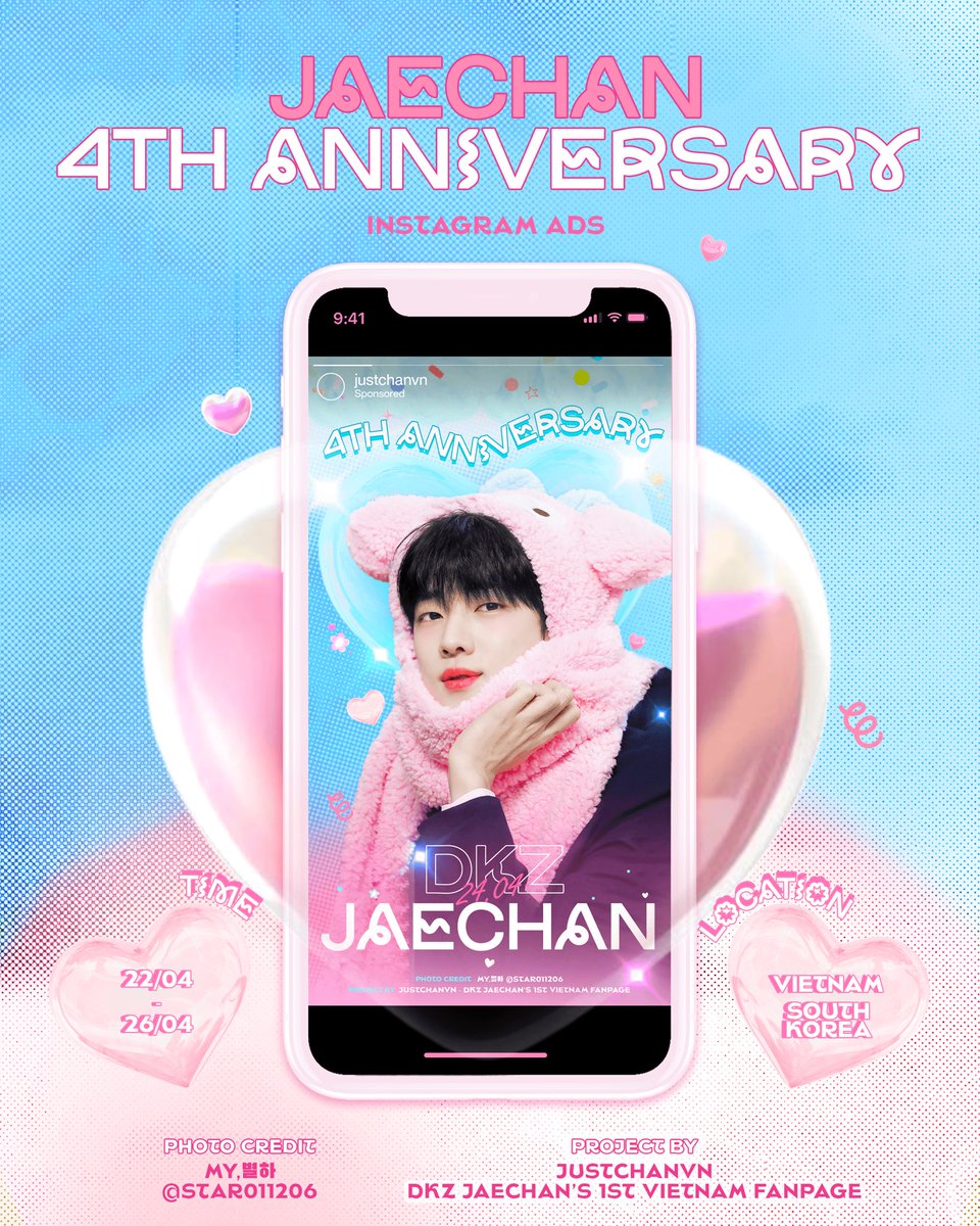 JustChanVN's tweet photo. [4TH ANNIVERSARY WITH JAECHAN] INSTAGRAM ADS

📍Location: Vietnam and South Korea
📍Time: From 22/4 to 26/4
📍Platform: Instagram

Thank you @star011206 nim for the precious photo

Don’t forget to tag @jaechan_dkz whenever you see it 💜

#JAECHAN #DKZ #재찬 #디케이지 https://t.co/Tz2INGXvcn