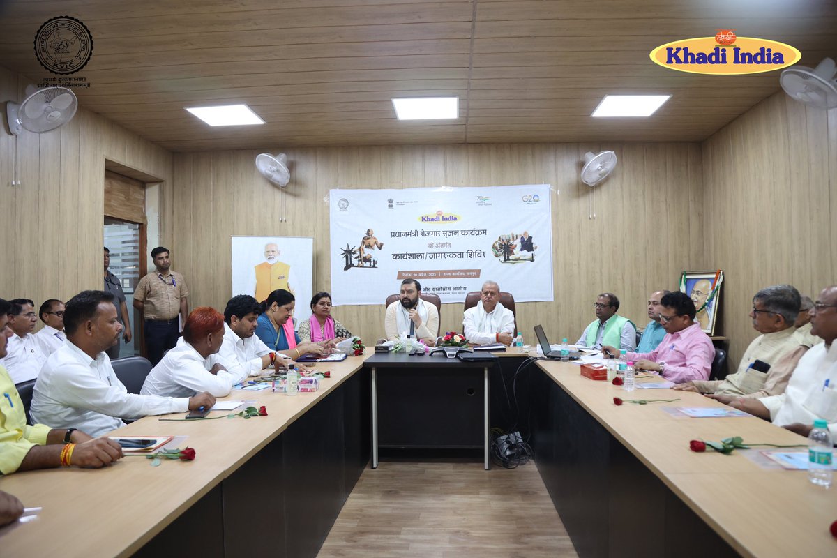 ChairmanKvic's tweet photo. Attended #PMEGP Awareness Programme at State Office, Jaipur, Rajasthan with Hon’ble MP Shri Ramcharan Bohra, Jaipur Constituency &amp; Panchayat Pradhan Ji on development goals of #Khadi &amp; #Gramodyog. 

#kvic #khadiinida #khadi https://t.co/Q2kK7AXgDc