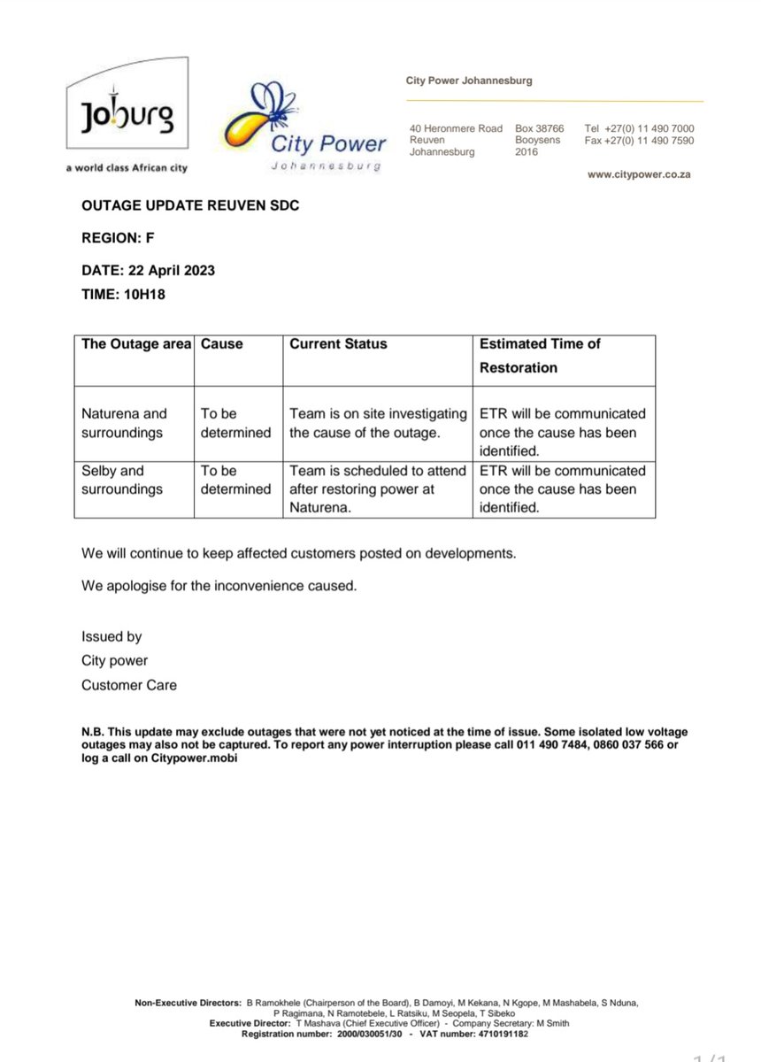 CityPowerJhb's tweet photo. #JoburgUpdates
#ReuvenUpdate
Please read attached for the latest update ^KM https://t.co/mhRJp2fqOP