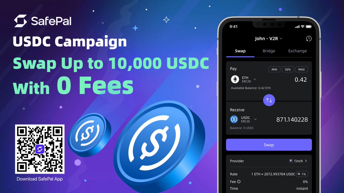 SafePal's tweet photo. 📢@safepal is excited to announce a swap incentive campaign!

Enjoy ZERO fees when swapping any asset to USDC using SafePal Swap🔥

⏰24th April 3AM UTC - 7th June 3AM UTC 2023
✨Limited to $10,000 USDC per wallet address

Full details here 👇
https://t.co/QxF7l7hBjV https://t.co/mHe4qfAugp