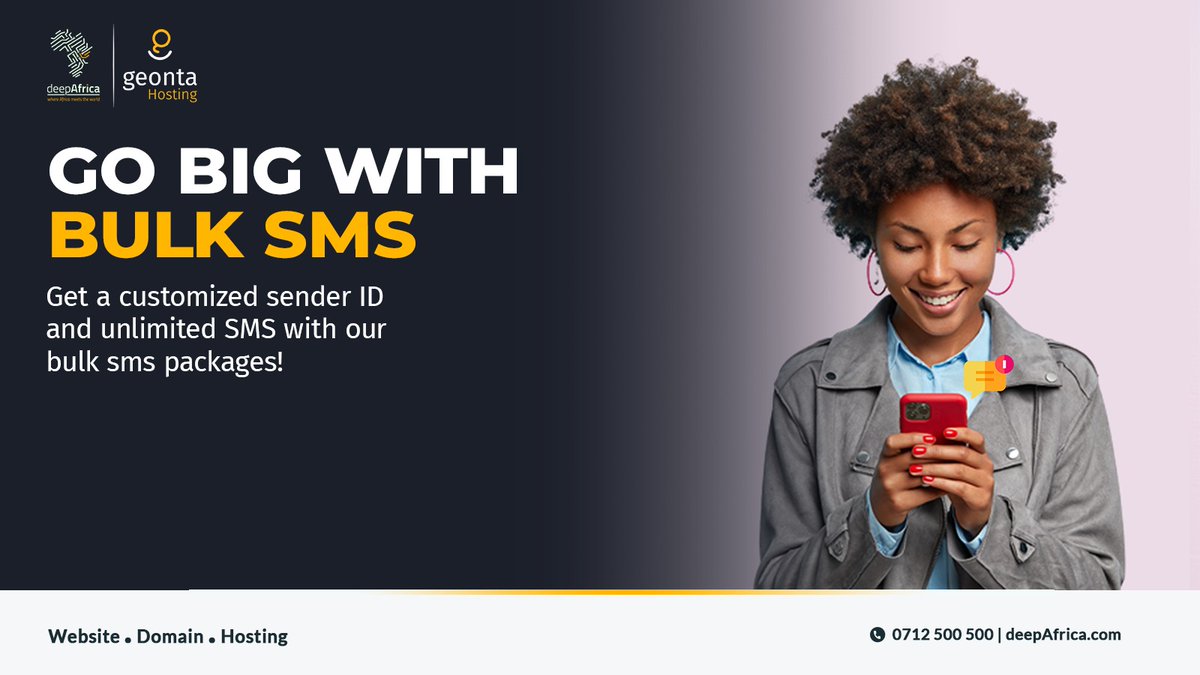 deepAfricaWorld's tweet photo. With bulk SMS you will get;
1.Instant communication
2.High open rates
3.Cost effective
4.Personalized messaging
5.Increased engagement
Contact us today to learn more!
Call: 0712500500
Email:support@deepafrica.com
#bulksms #instantcommunication #personalizedmessaging https://t.co/JXTa5G8ARv