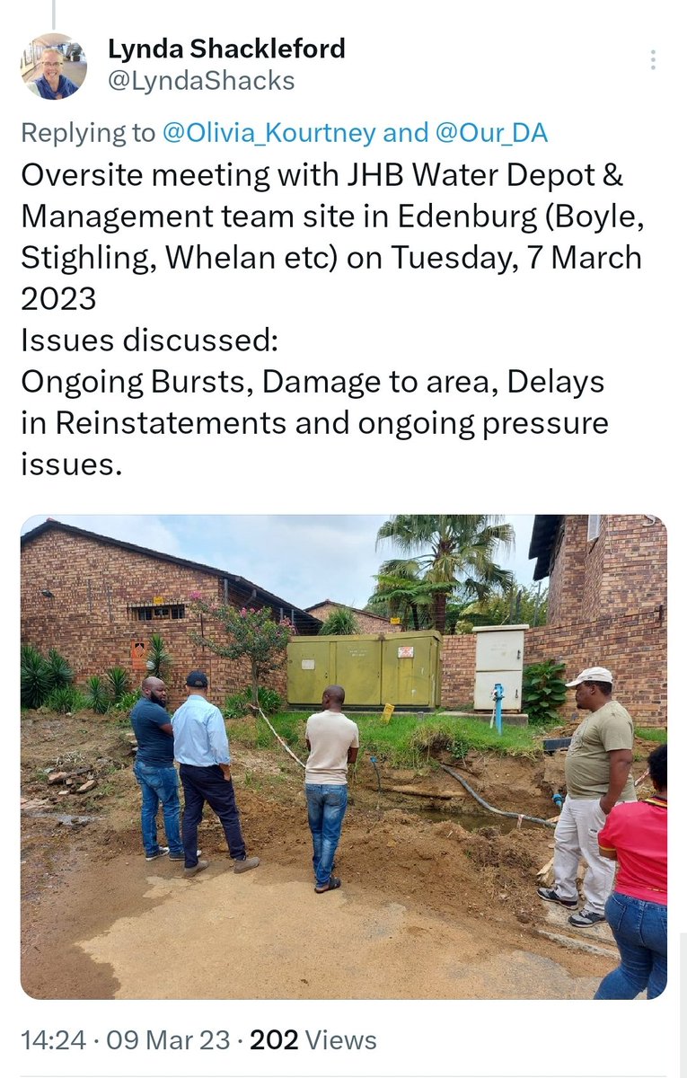 Poulty111's tweet photo. @LyndaShacks @johanitanortje @qiyaam82 @JHBWater Only 6 weeks ago the management team were out but has made zero different to the bursts, delays in reinstatement (close to a week) and the almost non existent pressure for the remaining half of the day when there is water. Is there any long term solution in place? https://t.co/6KVf5jDFOL
