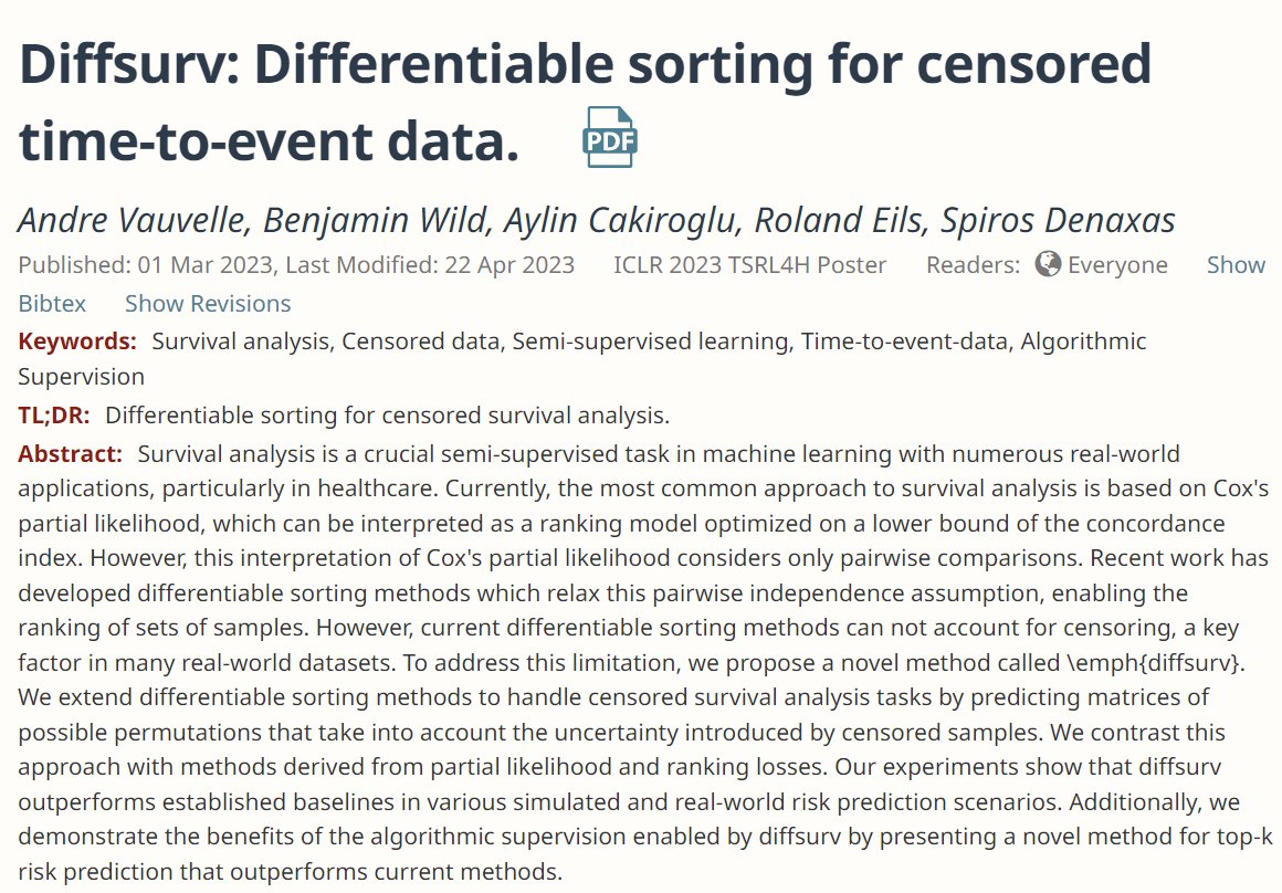 💡Diffsurv: Differentiable sorting for censored time-to-event data
👏Great work from <a href="/cdt_ai_health/">AI-Enabled Healthcare Systems CDT at UCL</a> <a href="/UCL_IHI/">The UCL Institute of Health Informatics</a> colleagues <a href="/AndreVauvelle/">Andre Vauvelle</a> <a href="/SpirosDenaxas/">Spiros Denaxas 🦆</a> 
🧑‍🏫 <a href="/iclr_conf/">ICLR 2026</a> <a href="/tsrl4h_workshop/">Time Series Representation Learning 4 Health @ICLR</a> 
openreview.net/forum?id=29-Zs…