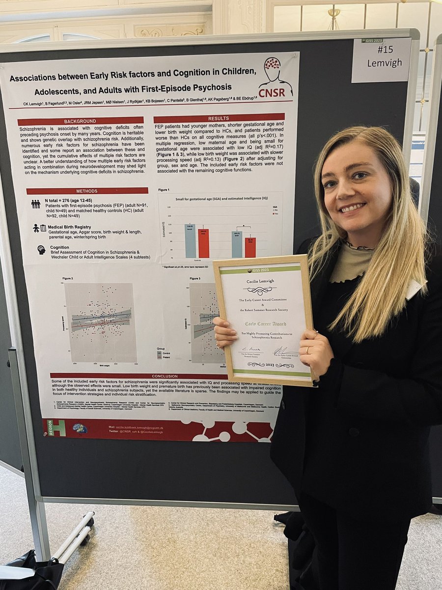 CNSR_cph's tweet photo. 🎊 Congratulations to postdoc @CecilieLemvigh who just received an Early Career Award at the prestigious Giessen International Schizophrenia Symposium in Germany. 
The award is given for highly promising contributions to schizophrenia research ⭐️ https://t.co/MVjQz8E5CR