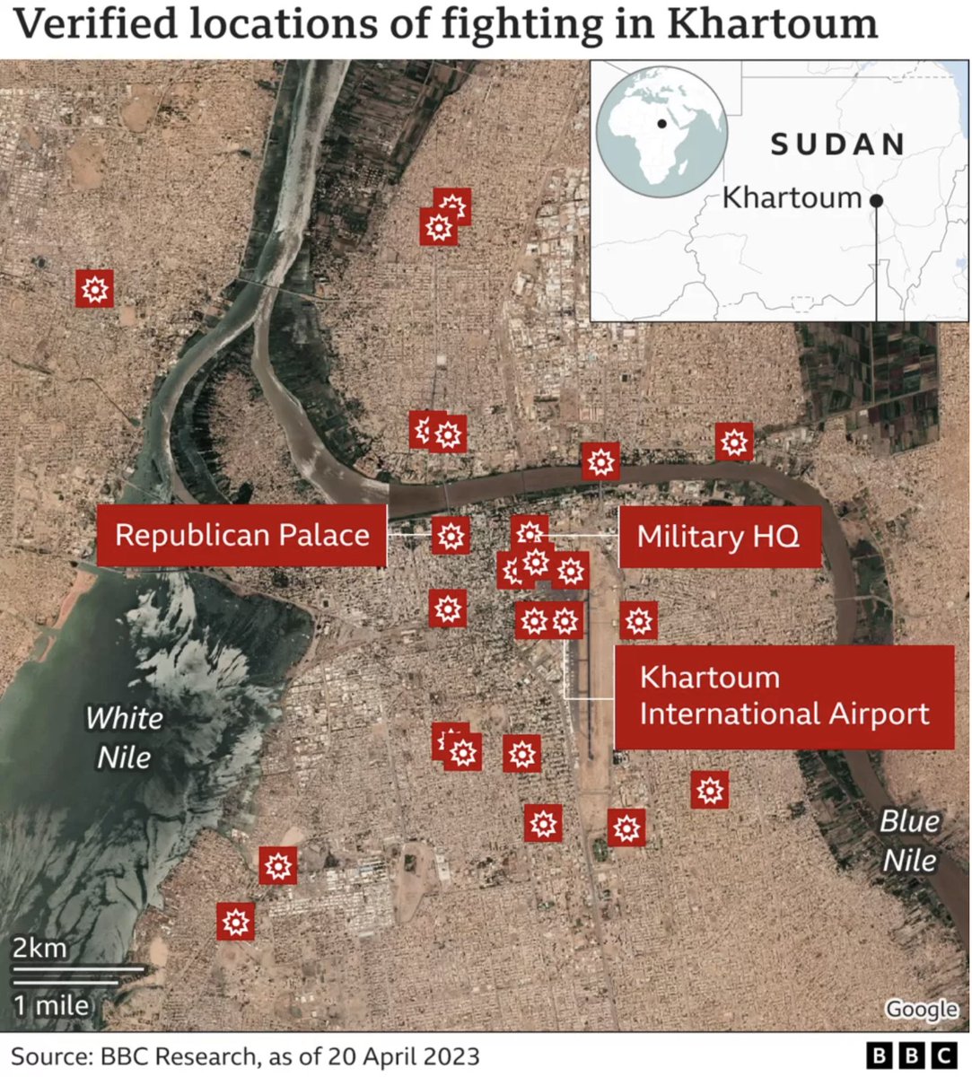 The BBC has verified videos of fighting and spoken to fleeing residents to map the violence in Sudan's capital.
👉 bbc.in/3mOZFVv

#Sudan #SudanConflict