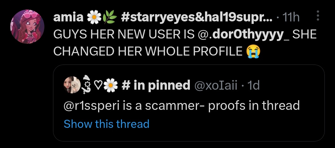 Current twitter user : dor0thyyyy_
Old twitter user : @Lixxyeee @r1ssperi 

Roblox user : bellapau7 
CuteeFlow3ry

#scam #scammer #robloxscammer #royalehighscammer #rhscammer
#adoptmescammer #roblox

x.com/16foul/status/…