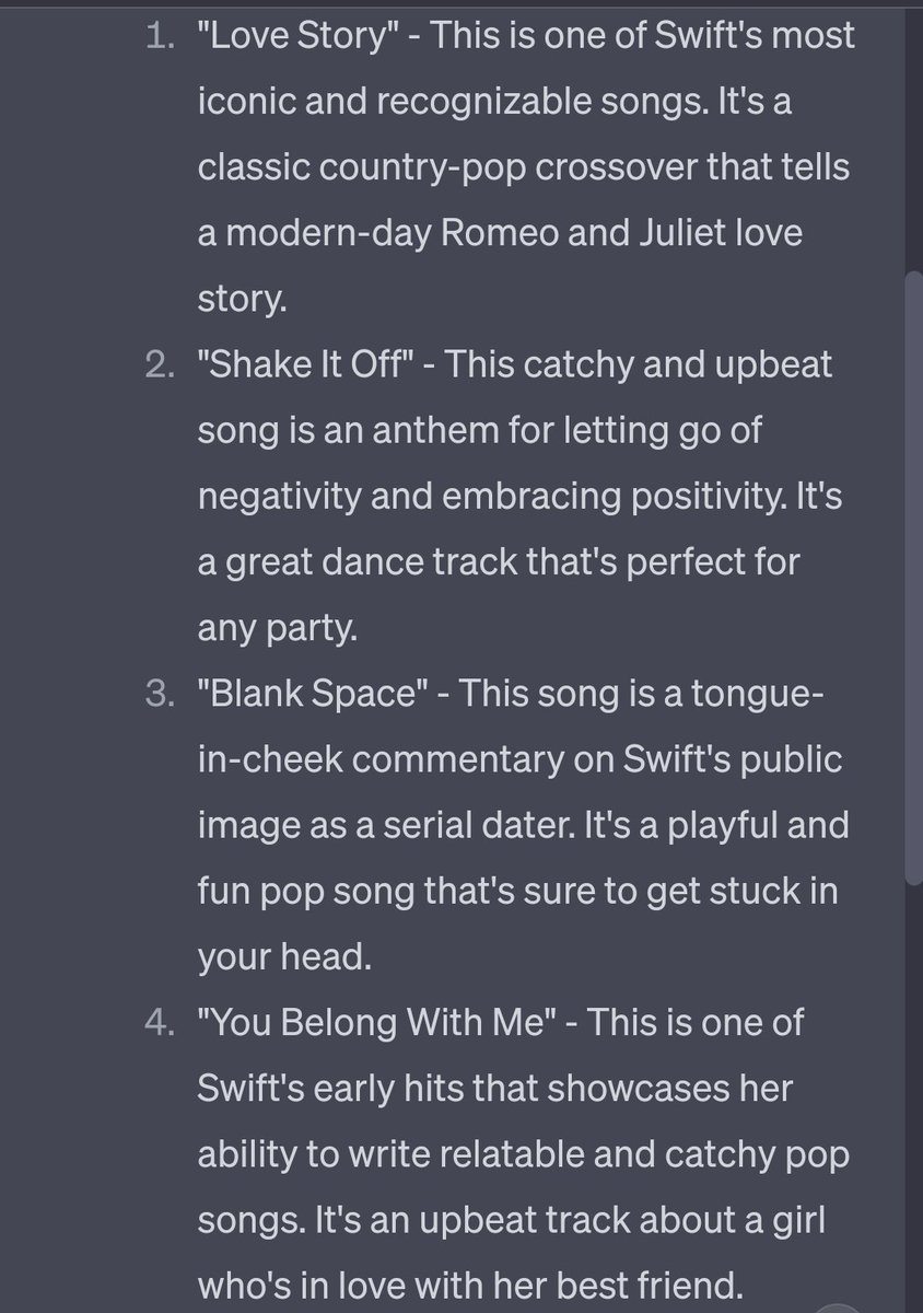 opalysm's tweet photo. I asked an AI what were the top 10 songs from Taylor Swift, thoughts?:) https://t.co/3wMJjCvN1t