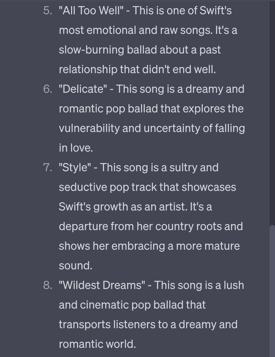 opalysm's tweet photo. I asked an AI what were the top 10 songs from Taylor Swift, thoughts?:) https://t.co/3wMJjCvN1t