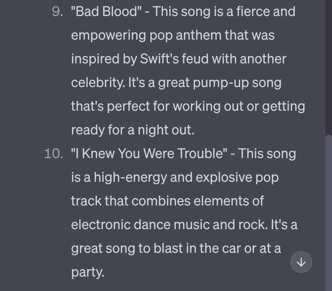 opalysm's tweet photo. I asked an AI what were the top 10 songs from Taylor Swift, thoughts?:) https://t.co/3wMJjCvN1t