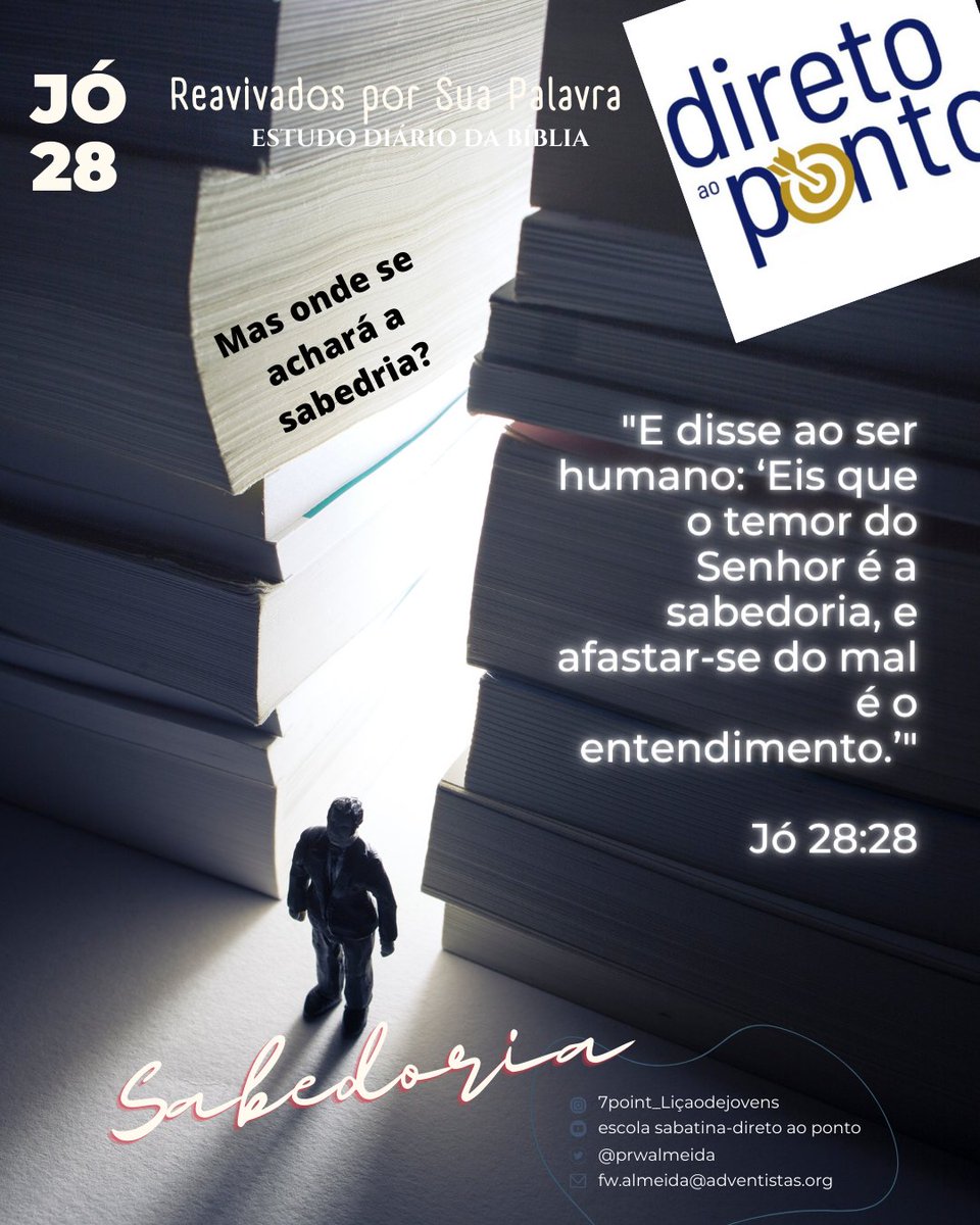 #rpSp - #Jó28 | "Os que são sábios na sabedoria que vem de Deus verão almas necessitadas de auxílio, pessoas que se arrependeram sinceramente, mas que, sem animação, mal se atreveriam a firmar-se na esperança." (CBV, 178)
"o que ganha almas sábio é" (Pv 11:30)