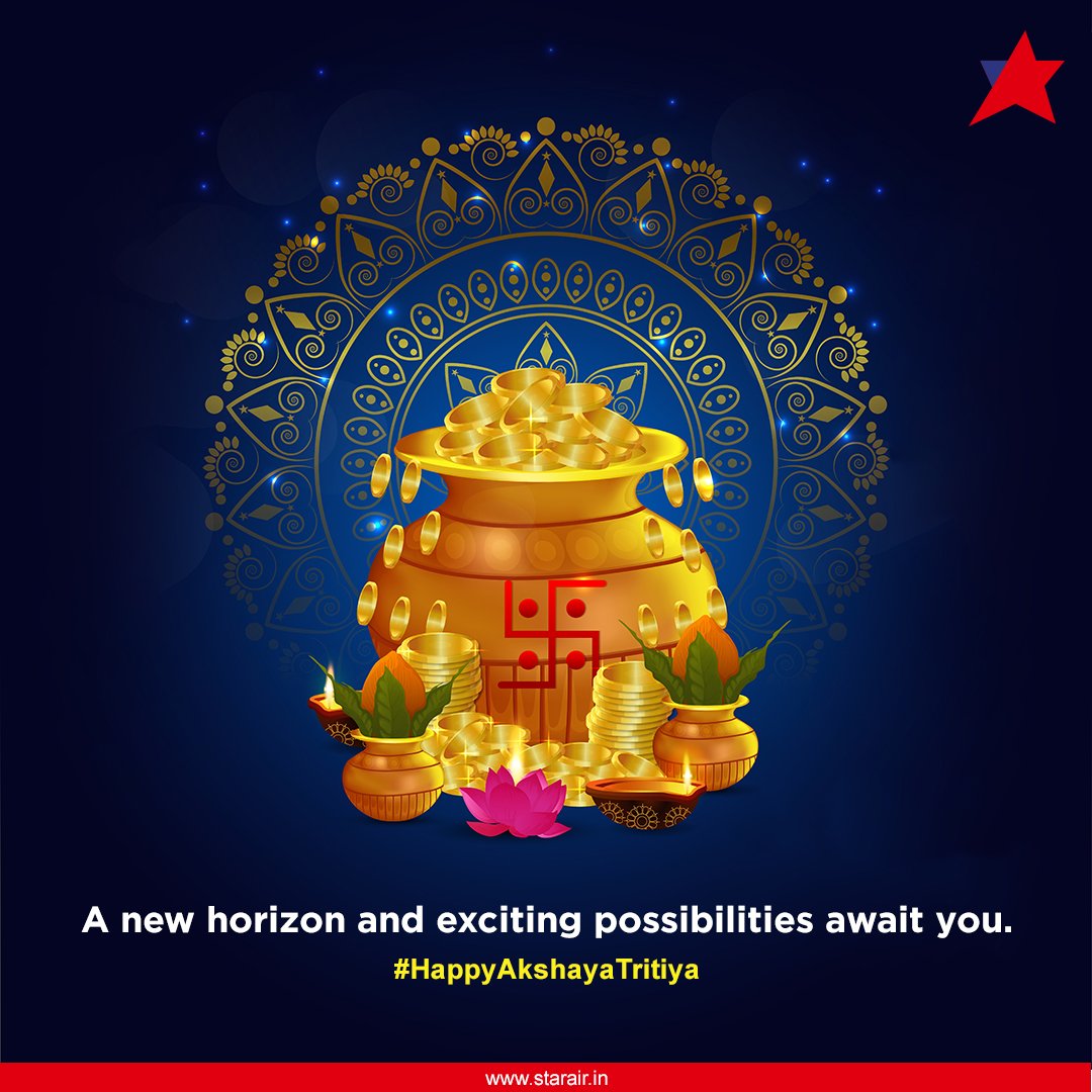OfficialStarAir's tweet photo. On the auspicious occasion of Akshaya Tritiya, we wish you good fortune & prosperity.
#AkshayaTritiya #OfficialStarAir #WeCare #ConnectingRealIndia #FlyNonStop #FlyWithStarAir #SGGRising #Careers #IndianAviation #StarAir #FlyS5 #FlySmartWithS5 #Tourism https://t.co/nrGajYVpAH