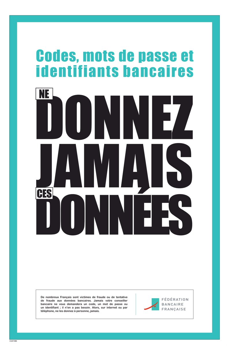 #NeDonnezJamaisCesDonnées.
Dans tous les journaux aujourd'hui, commence la campagne de sensibilisation organisée par la <a href="/FBFFrance/">FBF</a>.
Pour éviter aux Français d'être victimes de fraudes ou de tentatives de fraudes.
Le <a href="/CreditMutuel/">Crédit Mutuel</a> et le <a href="/cic/">CIC</a> s'associent bien naturellement.