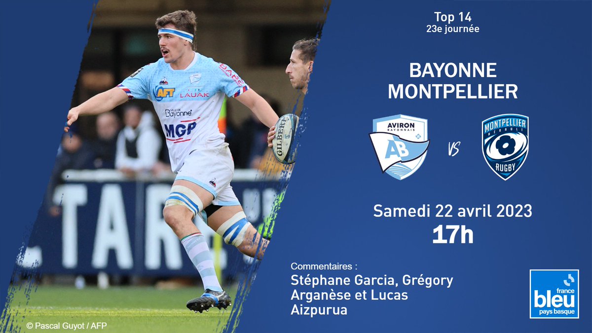 icipaysbasque's tweet photo. 🏉 Jour de match sur France Bleu Pays Basque 💥

🔵 Aviron Bayonnais 🆚 Montpellier
🗓️ J23 
🏆 Top 14 
⏰ Dès 16h30 pour l'avant-match

🎙️ @StephaneGrcia Grégory Arganèse @LucasAizpurua 

#ABMHR #FBsport #Top14 #TeamAB https://t.co/U5n18vDlgt
