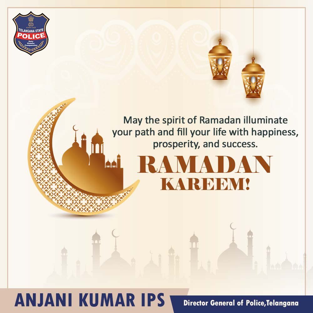 May the spirit of #Ramadan illuminate your path and fill your life with happiness, prosperity, and success. Wishing you a blessed and joyous Ramadan. 

#RamzanMubarak 
#RamadanKareem
#HappyRamzan #TelanganaPolice