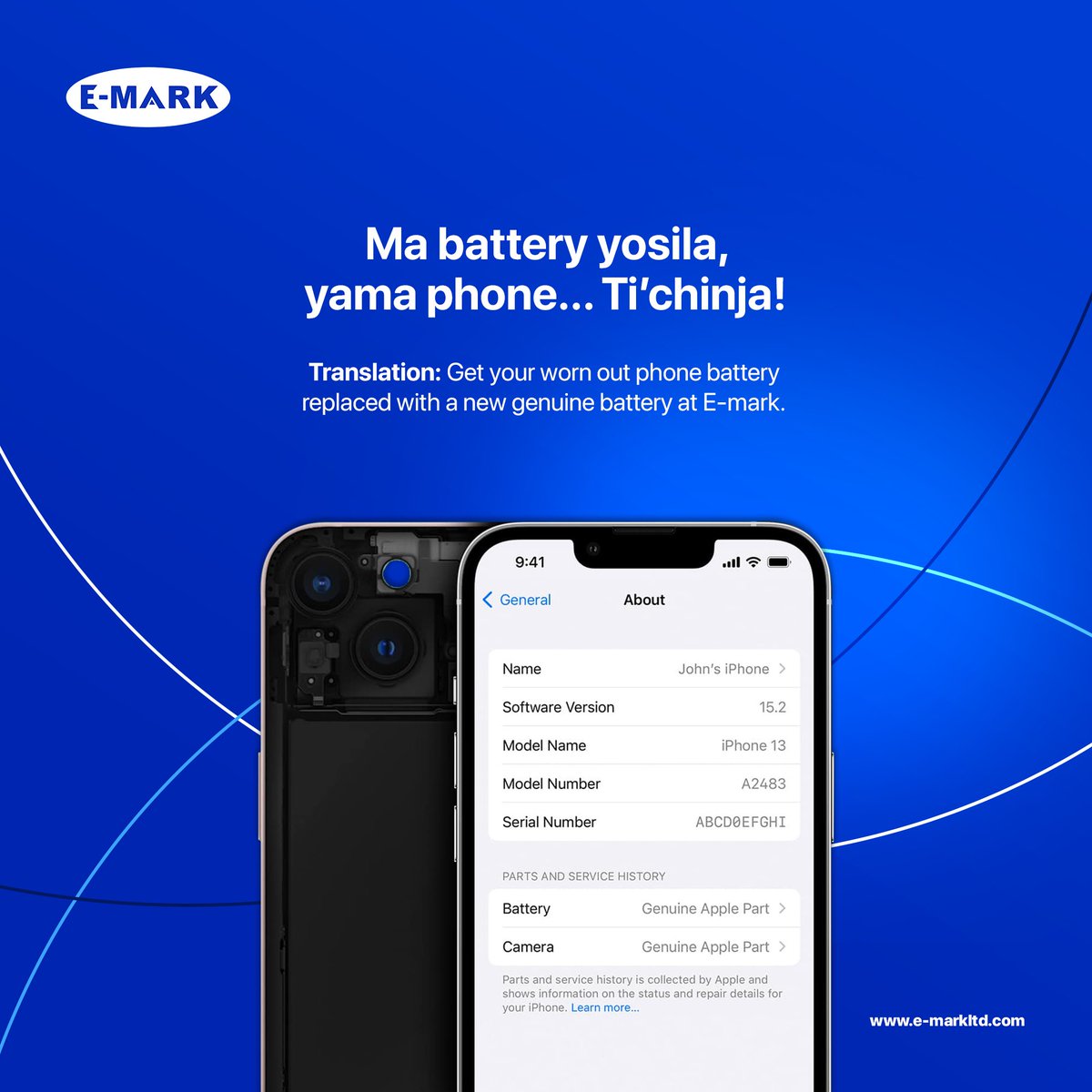 “Ma Battery Yosila, yama phone …… Ti’chinja!”

Translation: Get your worn out phone battery replaced with a genuine one at E-Mark.

#WeFixIt
#Solutionfocused
#ConnectingPeople