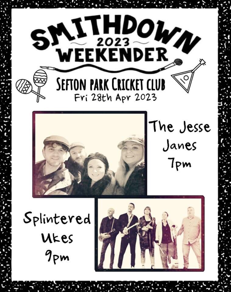 UkuleleClubLive's tweet photo. A double headline at @seftonparkcc for the @SmithdownFest next Friday 28.04.23 featuring the #jessejanes and the @splinteredukes and it’s FREE ENTRY!! https://t.co/O598OYRtBy