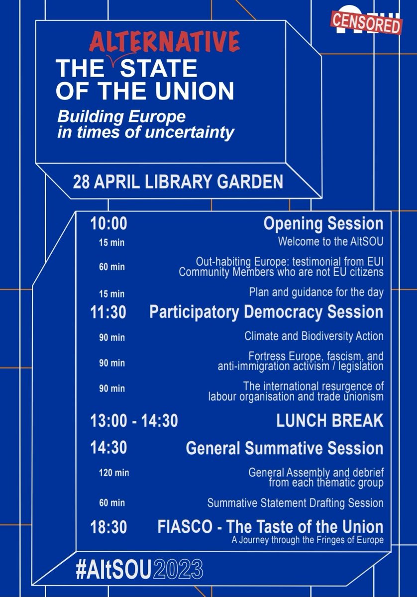 This is why this year we organize an Alternative state of the Union! 📢 on 28/04 join a bottom-up and open discussion in the EUI gardens on topics as crucial as borders, inclusivity, eco-social crisis, fascism, collective action. Change starts from here 🗣️