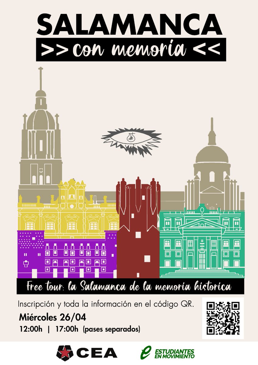 ‼️ FREE TOUR: LA SALAMANCA DE LA MEMORIA HISTÓRICA

➡️ Tras su éxito como actividad preparatoria del pasado Farinato Rock y en celebración del pasado 14 de abril, retomamos la iniciativa.

🏛 Una detallado paseo por los lugares más icónicos de la Salamanca olvidada.