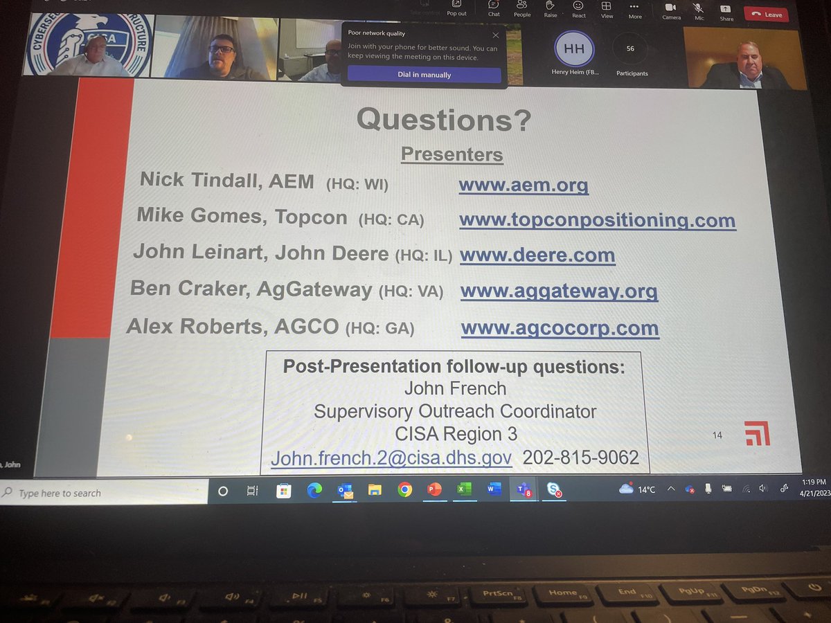 michael_mgomes's tweet photo. Humbled and proud to be able to represent the needs of #precisionagriculture to FBI and CISA- agents about the strengths and vulnerabilities of PA Industry. Many thanks to #AEM for driving and fellow panelists from #Deere, #agco #AgGateway #topcon  for supporting. https://t.co/ELaHoRmB0y