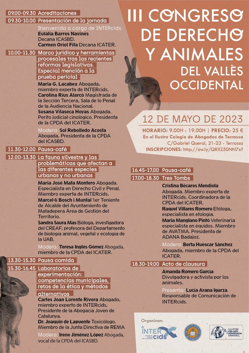 📌 #Eventojurídico #DerechoAnimal El 12 de mayo los colegios de la Abogacía de Terrassa <a href="/ICATERadvocats/">Advocats Terrassa</a> y Sabadell <a href="/icasbd/">Advocacia Sabadell</a> , junto con <a href="/INTERcids/">INTERcids</a> , celebran el III Congreso de Derecho y Animales del Vallès Occidental.