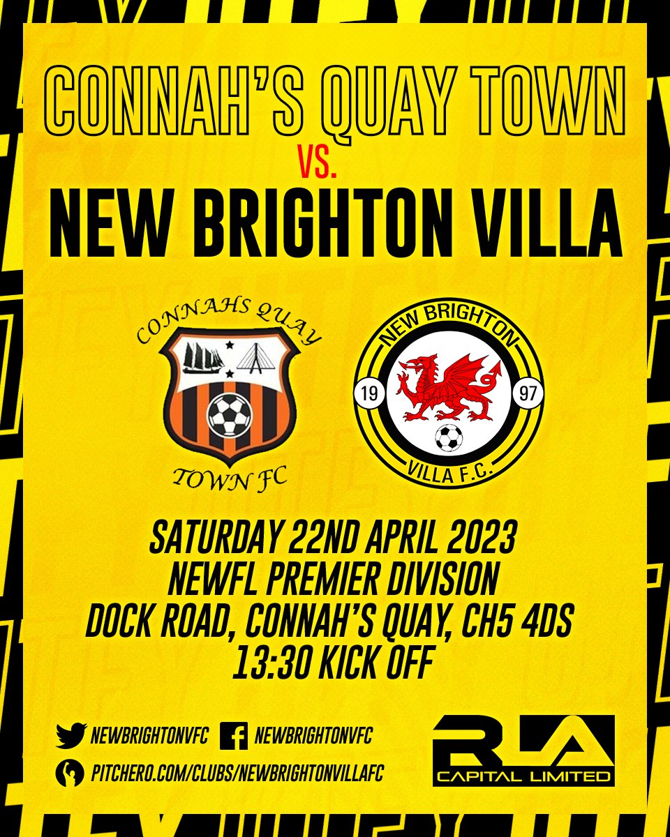 newbrightonvfc's tweet photo. MATCH DAY ⚽
@TownfcCq vs. NBV
📅 Saturday 22nd April 2023
⏰ 13:30 kick off
🏆 @WalesEast Premier Division 
🏟️ Dock Road, CH5 4DS

Sponsored by @RLACapital #UTFY 💛 https://t.co/aylrcyUH1A