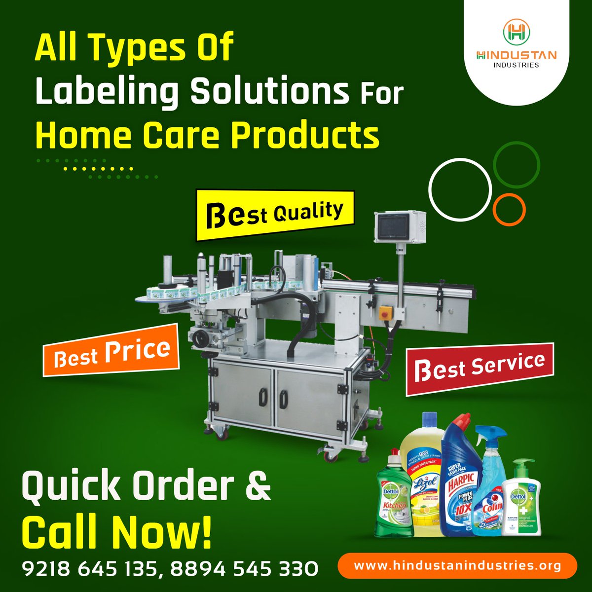 We make all types of bottle labeling solutions for home care products
🌐 Visit us at: hindustanindustries.org

📲 Contact Us if you are interested in any of our products! 😍
📞 Call Naresh at +91-9218 645 135
📞 Call Sagar at +91-8894 545 330

#labelingsolutions #labelingmachine