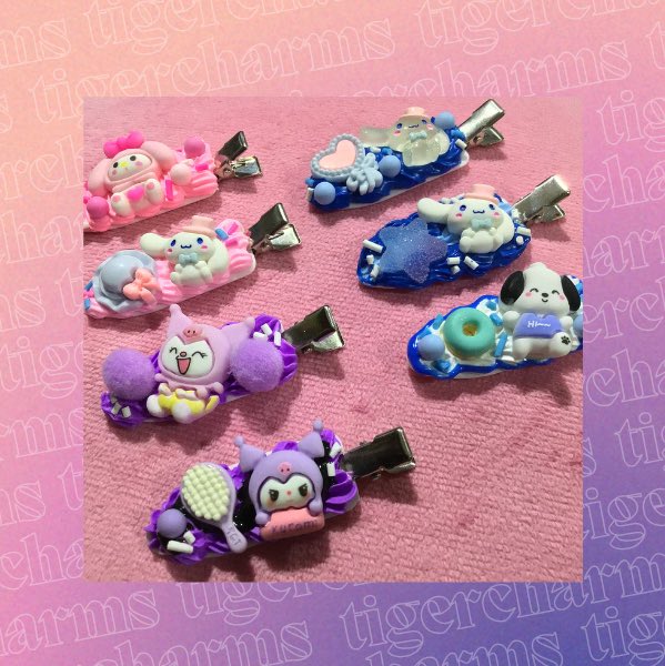 tigercharms's tweet photo. Kuromi 💜 + Melody 💖 + Cinamoroll 💙+ Snoopy 🤍 
Decoden Toploaders and Hair clips! https://t.co/nM38Rr9nKc