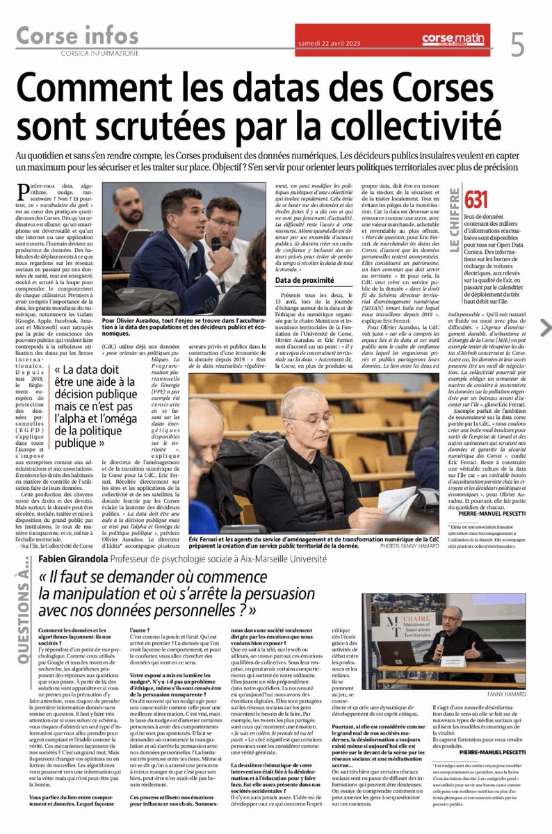 numerique_corse's tweet photo. Retour sur la journée du 13 avril dans le @Corse_Matin du jour 🗞️ Focus sur les datas au service des politiques publiques. @UnivFundazione #ChaireMIT https://t.co/EPfD76NOrG