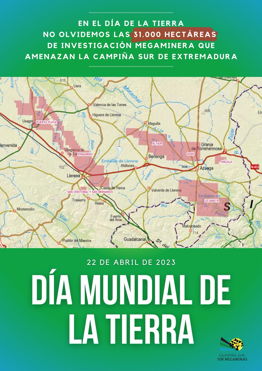 SurSinMegaminas's tweet photo. En el #DíaDeLaTierra
no olvidemos las 31.000 hectáreas
de investigación megaminera que amenazan nuestros pueblos y nuestro futuro. No somos tierra de sacrificio. #NoALaMegaminería #CampiñaSurSinMegaminas https://t.co/XUnipTA5EY